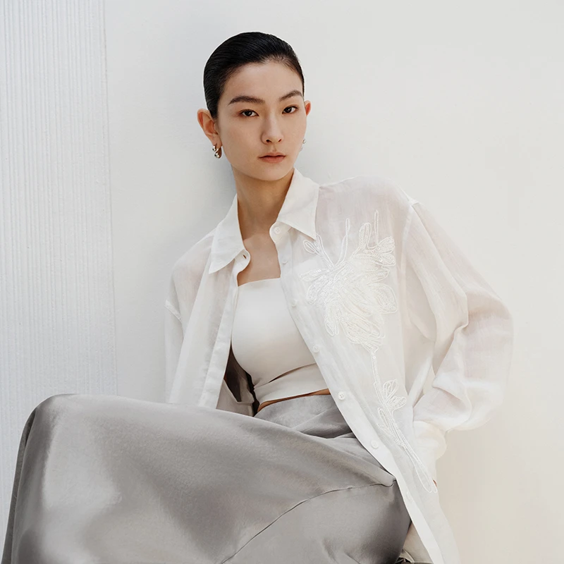 【衬衫】【商场同款新品】刺绣设计长款衬衫 50411045