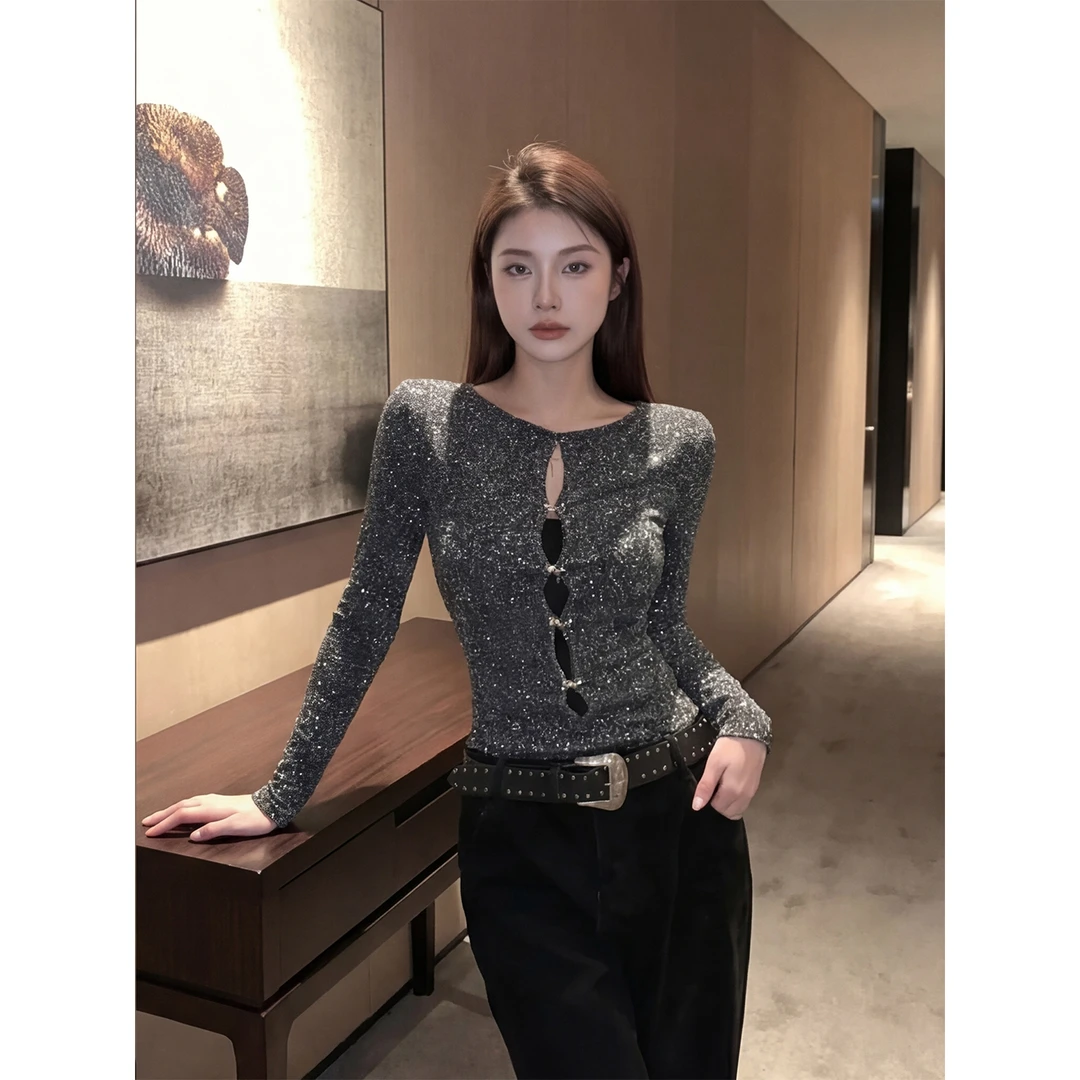 韩系时尚穿搭长袖圆领两穿打底T恤女秋冬新款修身显瘦高级感上衣