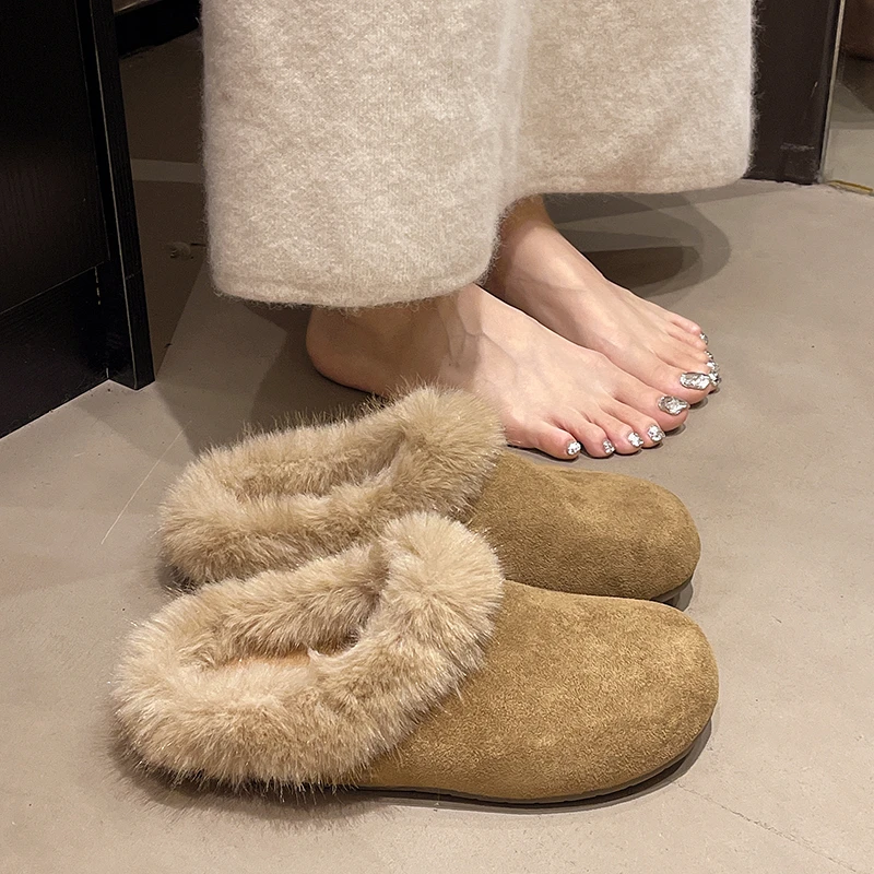 三福真皮厚底加绒勃肯鞋包头半拖鞋女外穿2025新款秋冬毛毛棉拖鞋