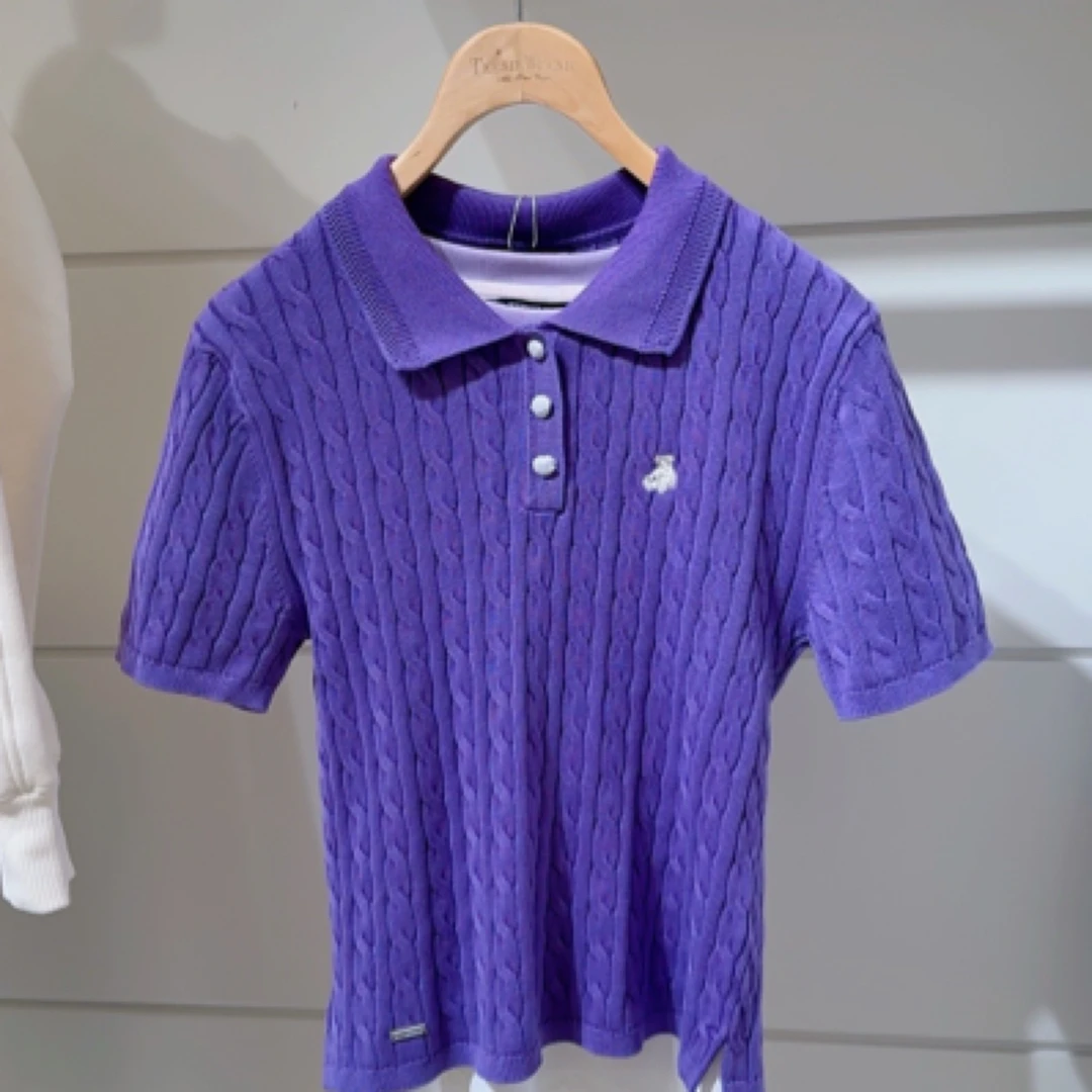 小熊POLO领刺绣小马短袖针织毛衣复古简约时尚
