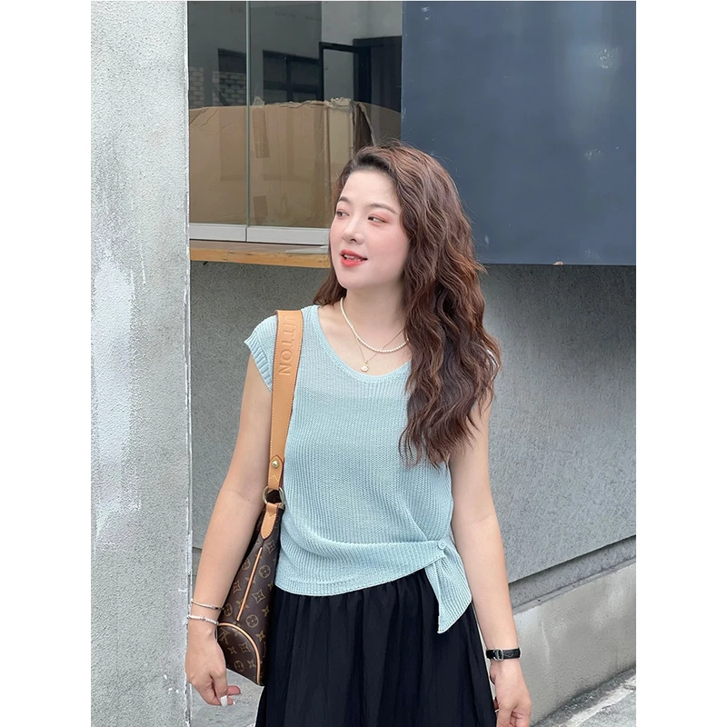 WenWen小个子韩版夏季薄圆领纽扣设计针织衫显瘦百搭休闲上衣3869