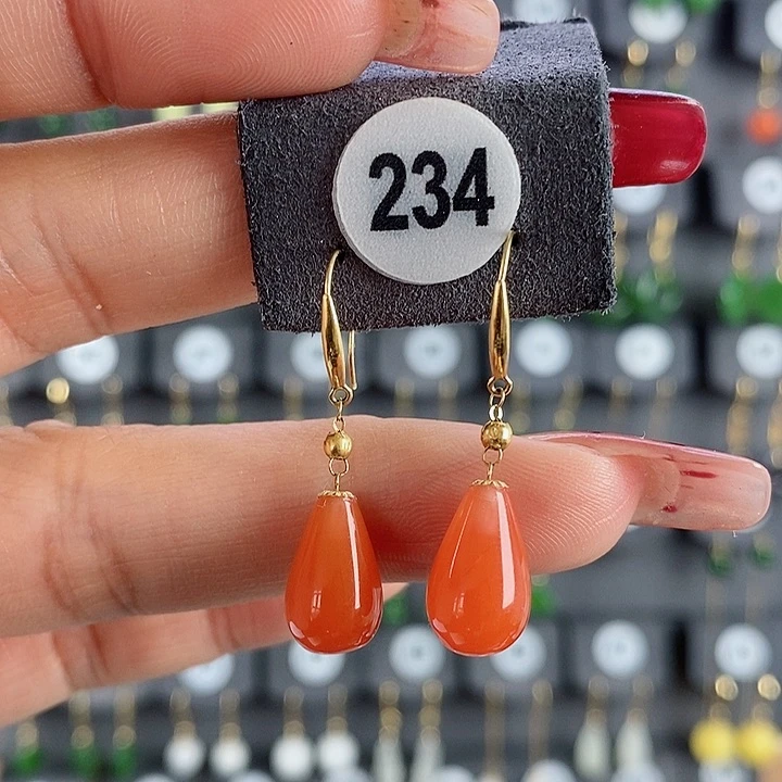 南红玛瑙耳饰18K金镶嵌