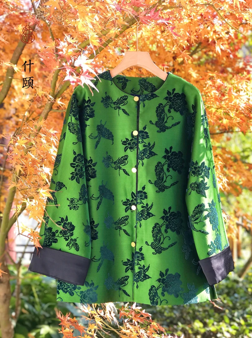 【非遗宋锦面料商品】翡翠绿蝶恋花漳缎外套