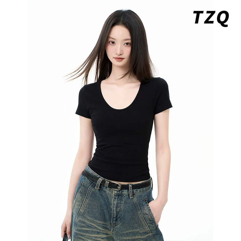 黑色u领大领口短袖t恤女夏季新款修身正肩显瘦打底上衣TZQ2542303