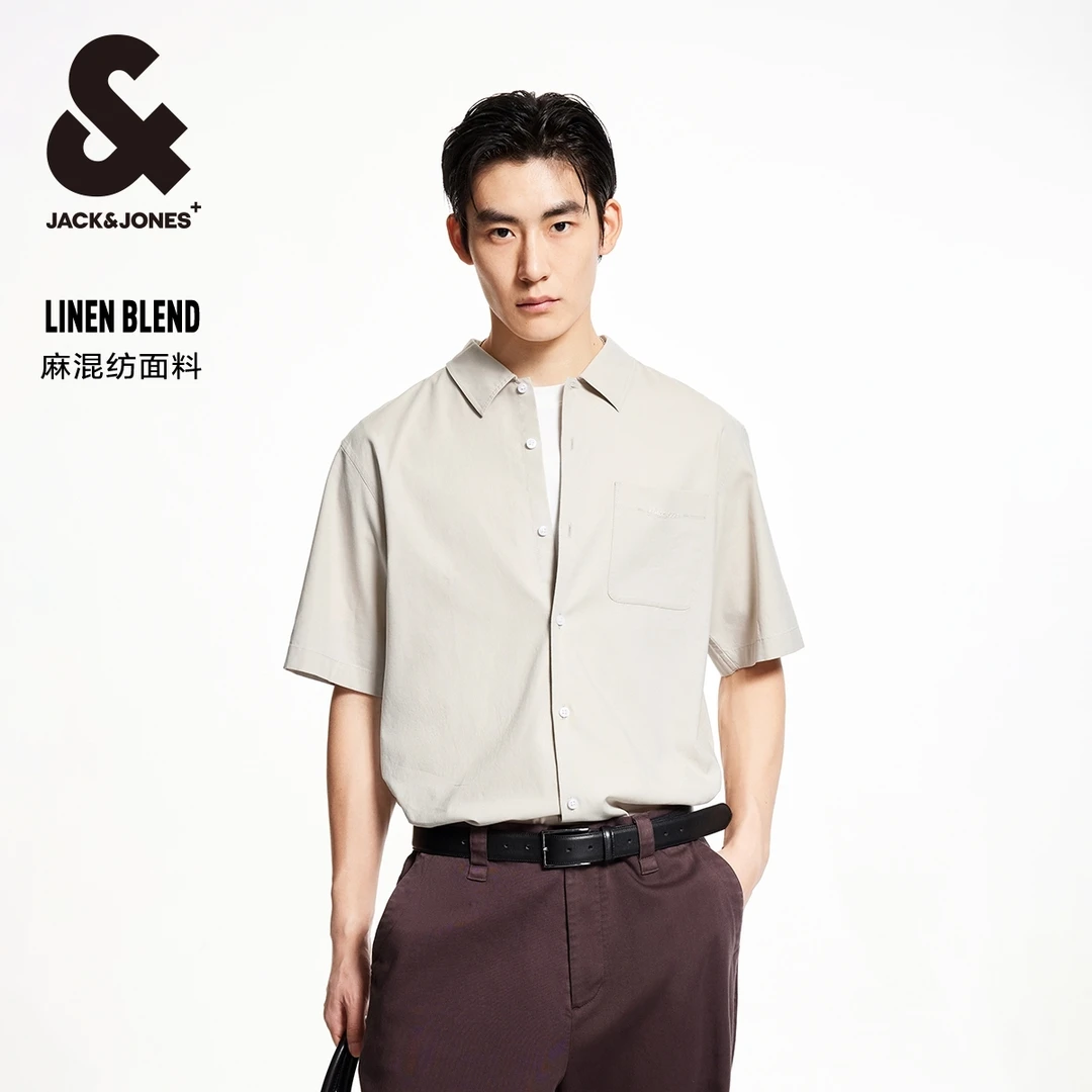 【商场同款】杰克琼斯夏季字母刺绣舒适时尚宽松短袖翻领衬衫男装