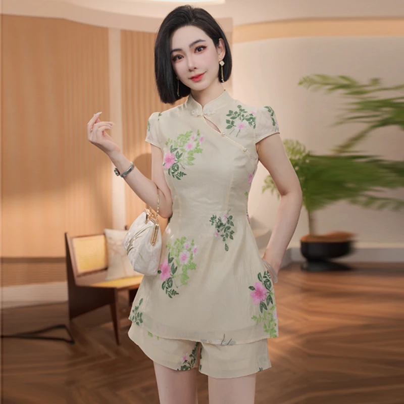 新中式国风休闲套装女2025年夏季新款气质提花旗袍上衣短裤两件套
