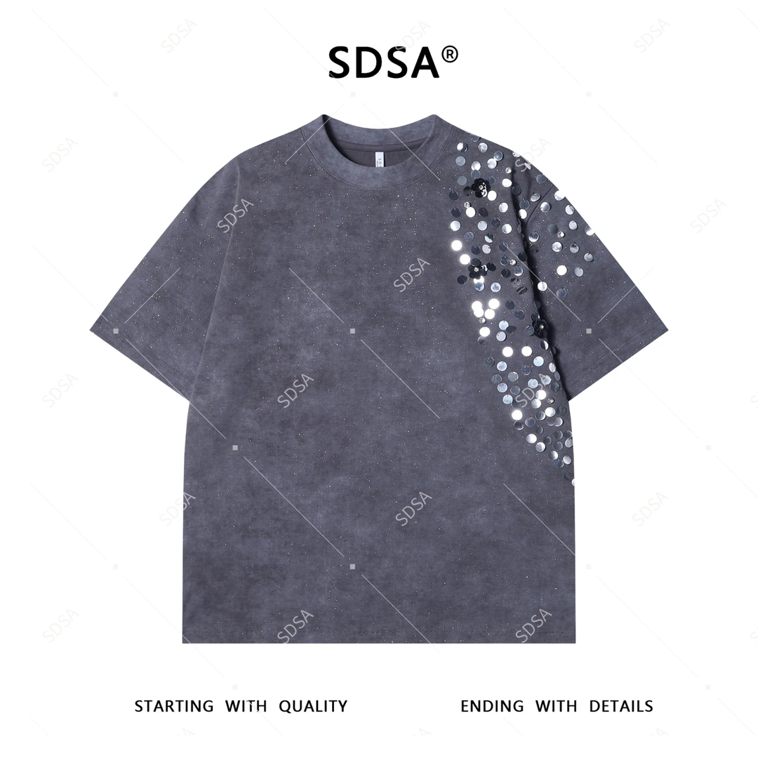 夏季高级感新款男士美式满天星亮片设计短袖T恤时尚嘻哈圆领上衣