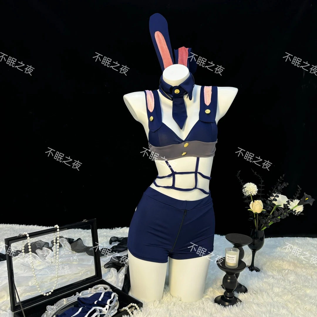 不眠之夜性感纯欲女佣兔女郎巡查官套装工作制服辣妹蓝色露脐显瘦