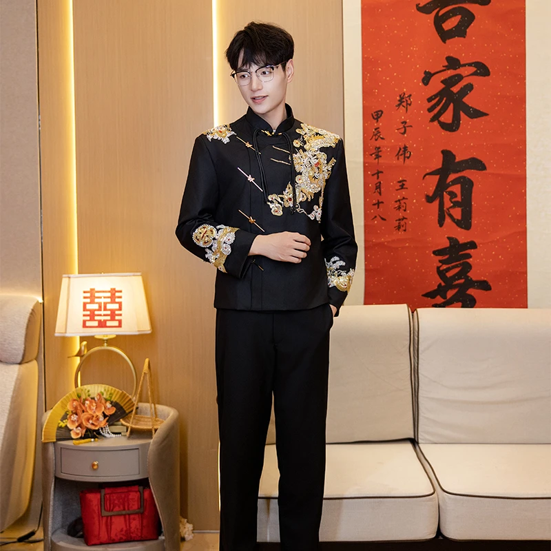 新中式男装中山装男士结婚西服套装婚礼新郎礼服订婚服唐装敬酒服