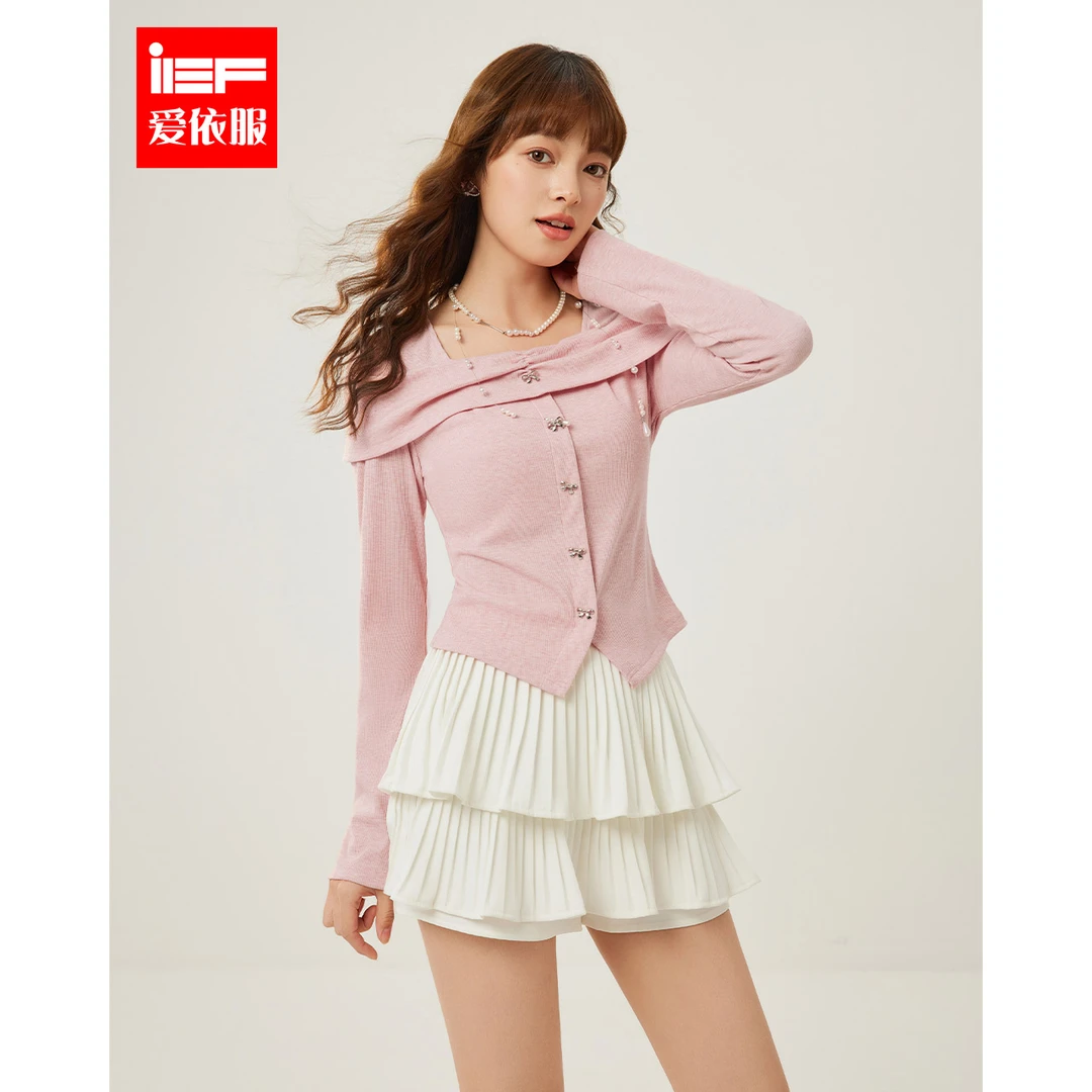 IEF/爱依服2025春季新款法式温柔小女人气质通勤百搭方领修身上衣