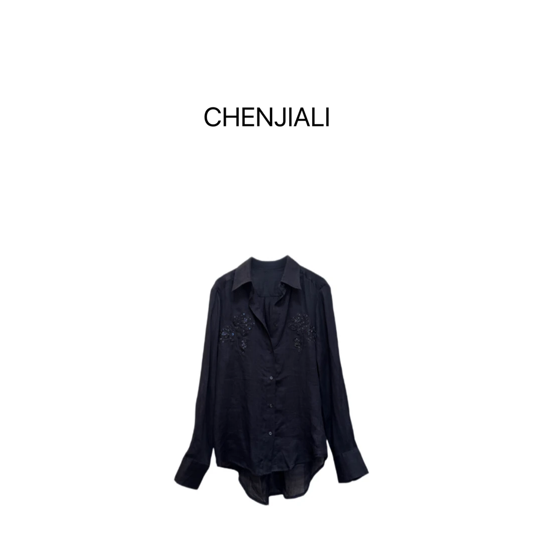 CHEBJIALI 春装新品慵懒气质手工缝珠高端重工刺绣100%苎麻衬衣女