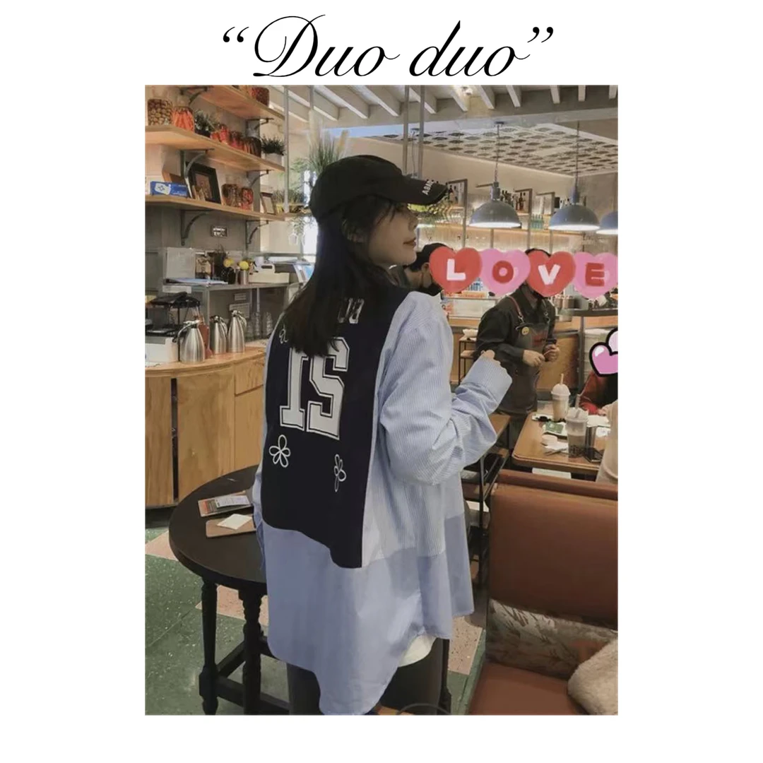 21号花花 - 韩国单休闲设计感拼接印花长袖衬衫显瘦宽松女