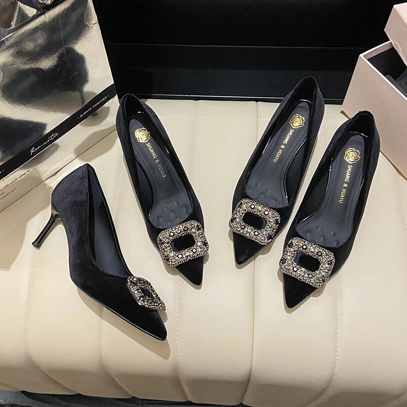 羊皮绒面5公分7公分秋季单鞋法式轻职风细跟尖头浅口软面高跟鞋