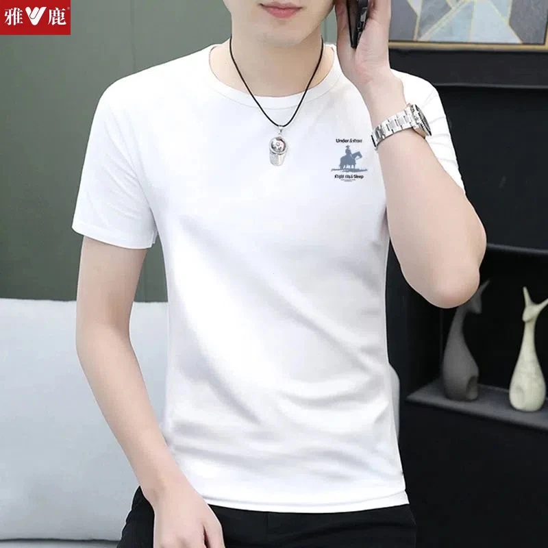 雅鹿重磅纯棉男士短袖T恤夏季新款2025休闲爆款时尚印花圆领T恤