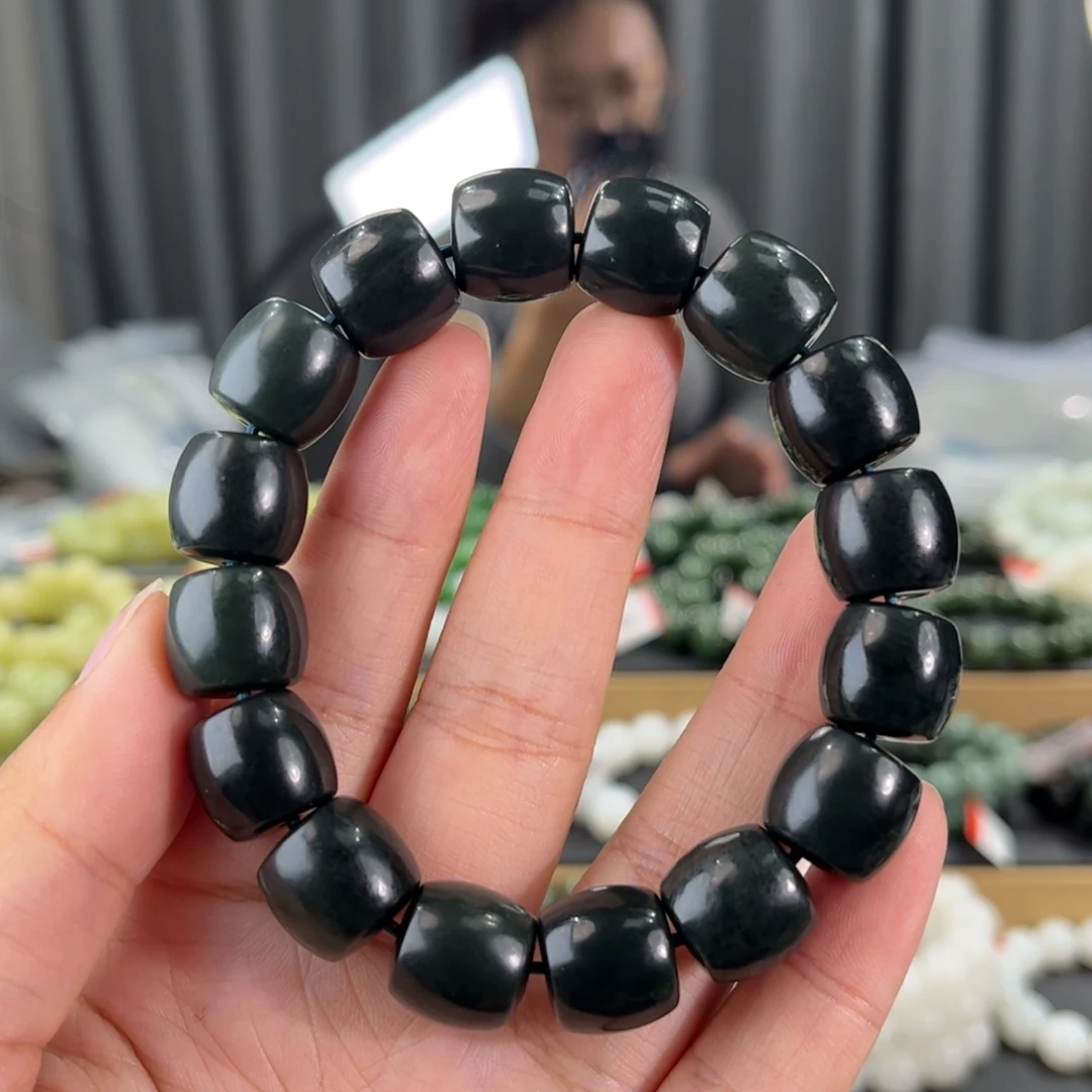 手串未镶嵌和田玉新疆和田玉黑油青卡14直切