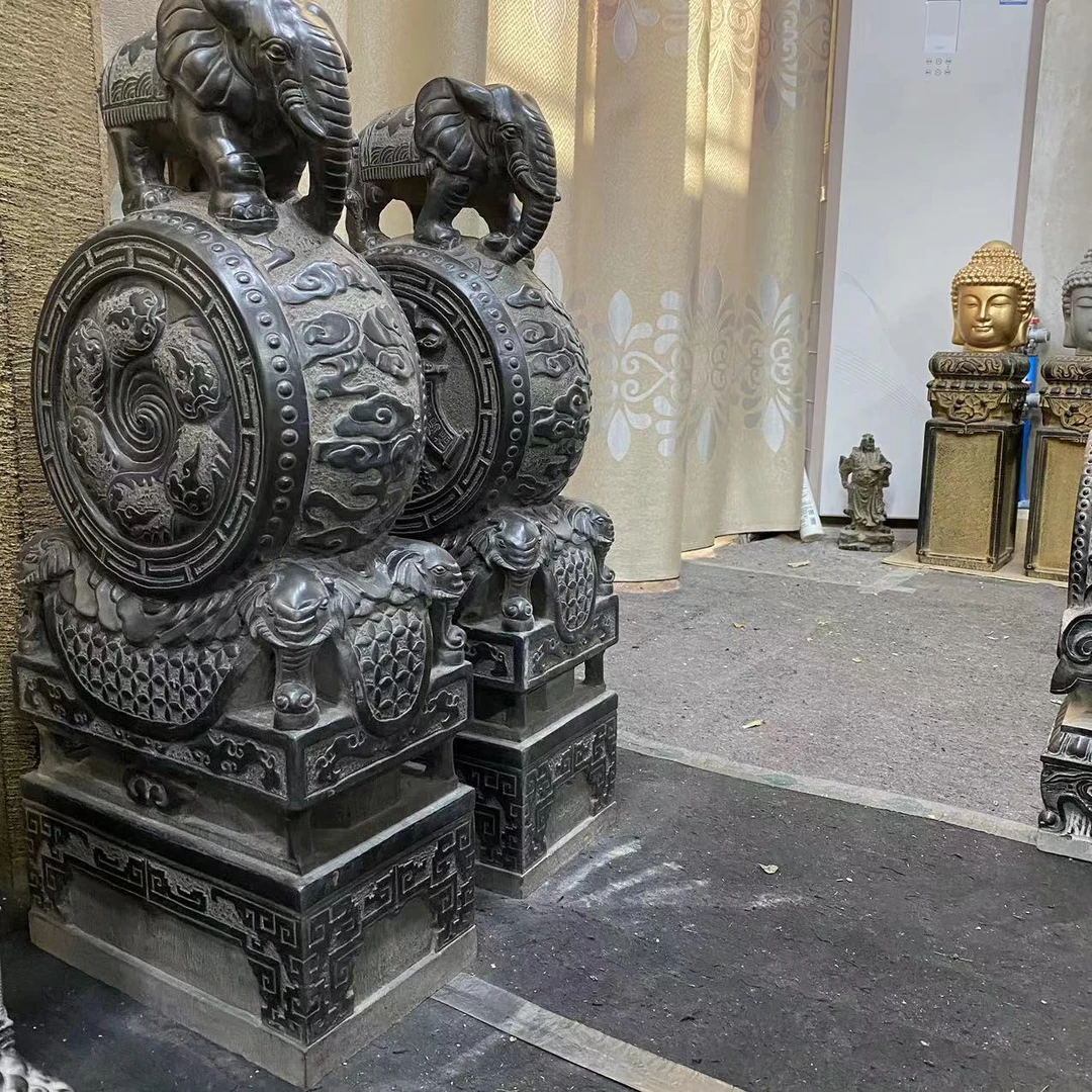 聚鹏阁山西青石【高80厘米】大象抱鼓一对/庭院自建房照壁落地摆件