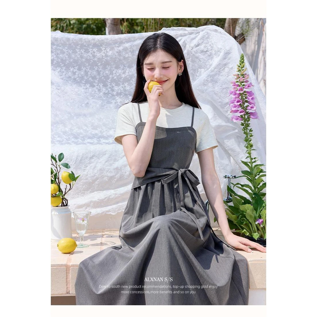 【W3344】夏季新款法式气质时尚复古优雅显瘦假两件吊带裙