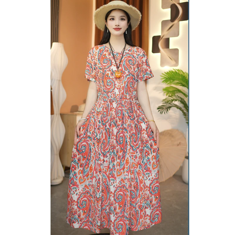 【红腰果】夏季棉绸裙子新款时尚短袖系带大码宽松中长款连衣裙
