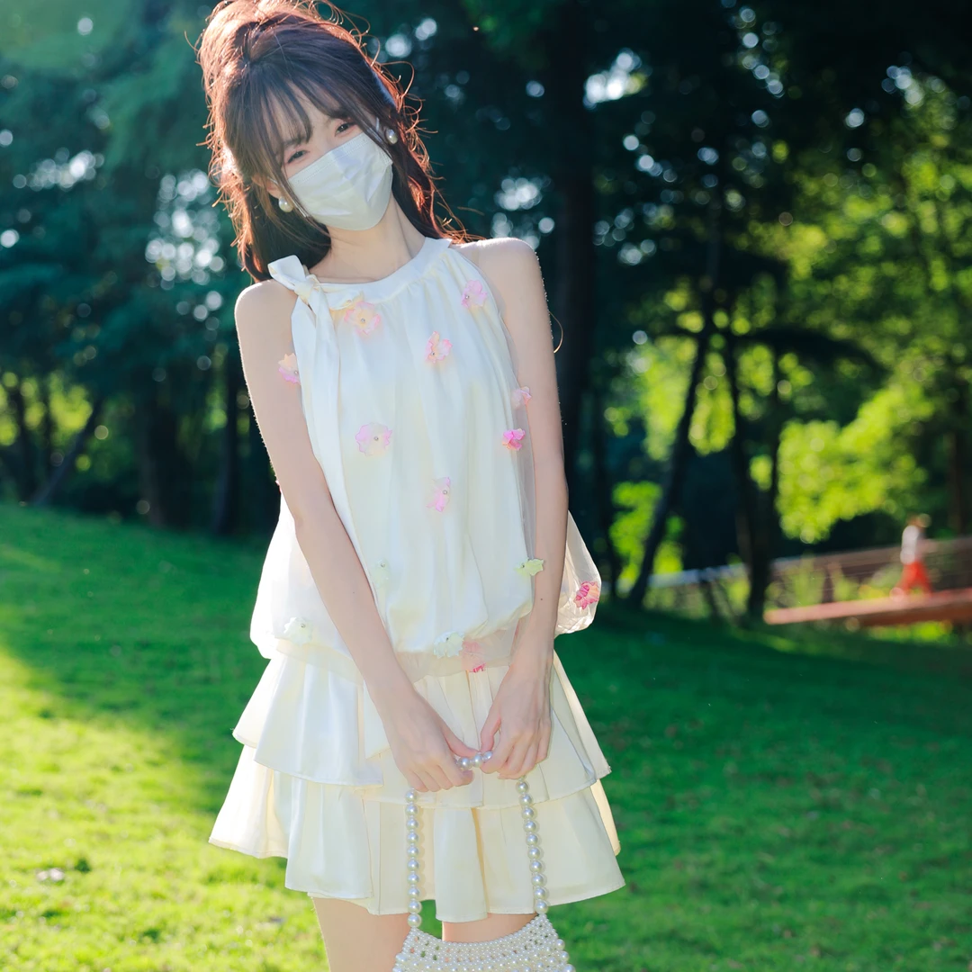 花崎鹿原创挂脖连衣裙甜心软芙少女公主无袖短裙小个子甜美度假