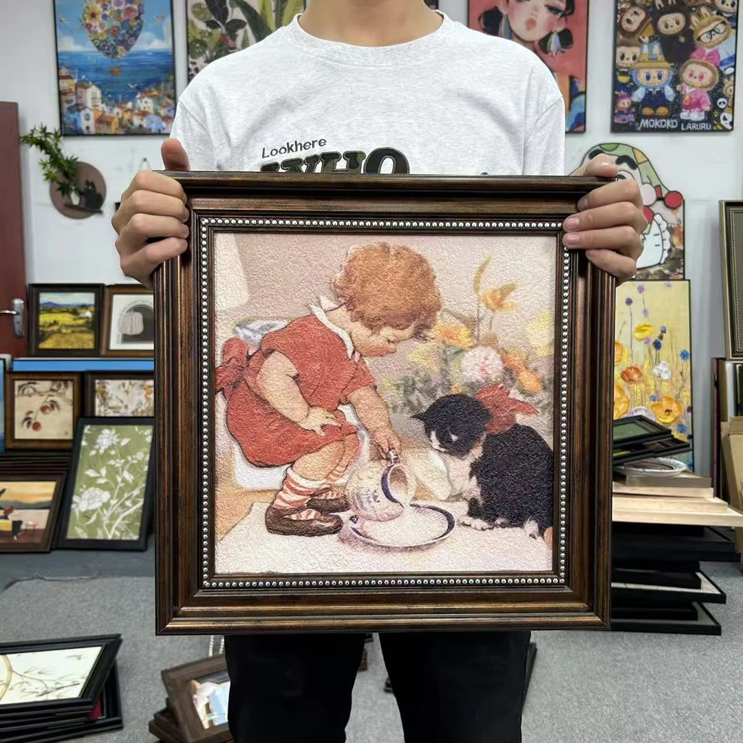 猫和小女孩美法式复古装饰画卧室客厅背景墙挂画144