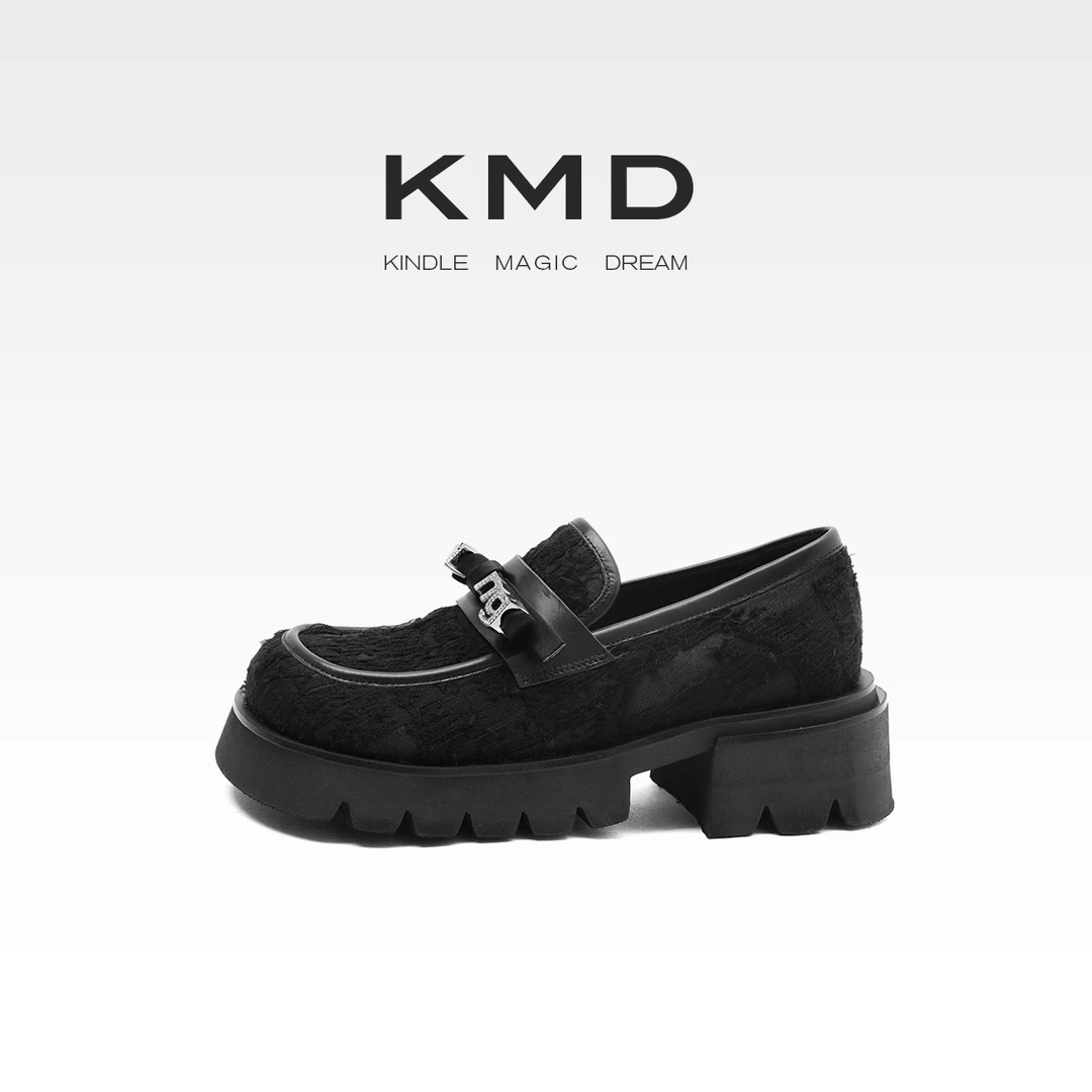 KMDSHOES2024夏季黑色蝴蝶结乐福鞋百搭厚底单鞋一脚蹬女鞋粗跟