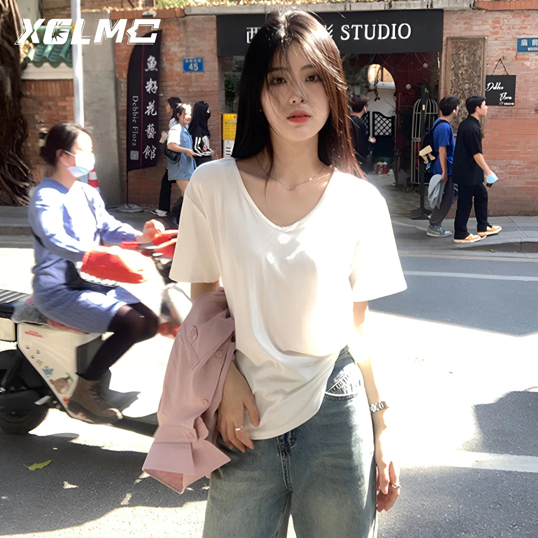 韩版白月光t恤女短袖V领高弹夏季2025年大领口宽松显瘦纯色上衣