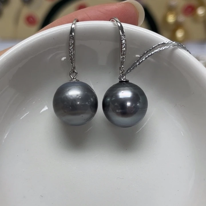 海水珍珠耳饰银S925镶嵌12-13mm 11号 大溪地