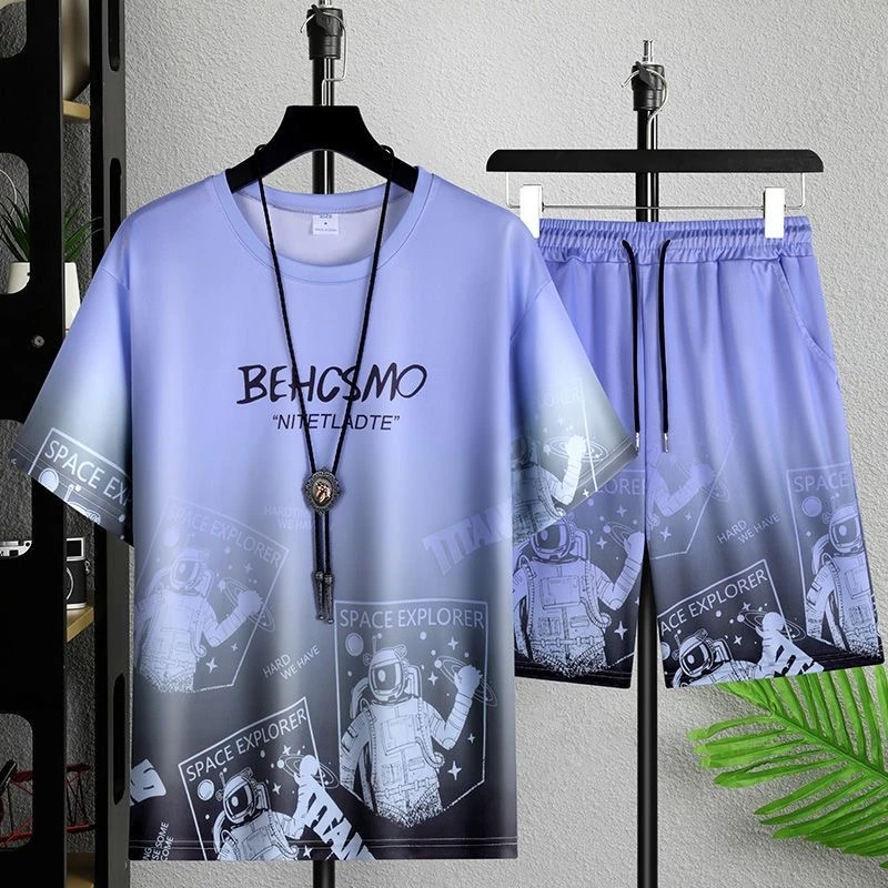 2025男士夏季短袖青少年休闲新款冰丝渐变t恤短裤运动套装两件套