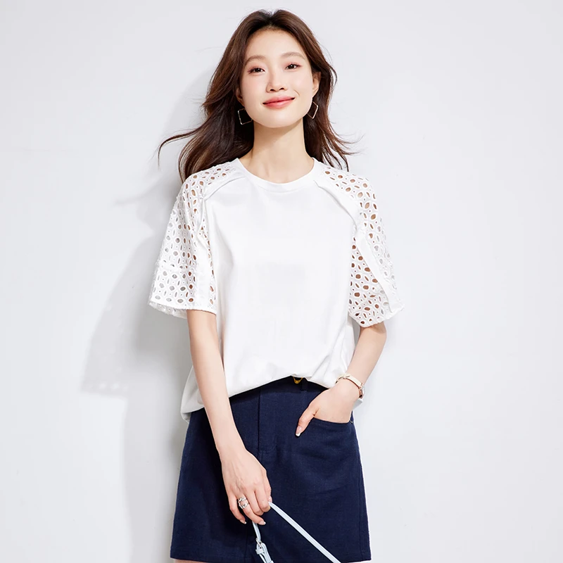 2025夏季全棉短袖女上衣新款宽松遮肉镂空圆领小众不规则设计T恤