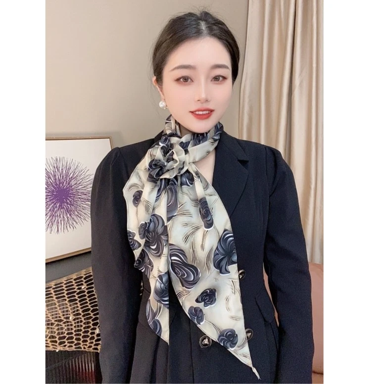 2025春夏薄款法式牛奶丝玫瑰花朵丝巾多功能飘带百搭围巾