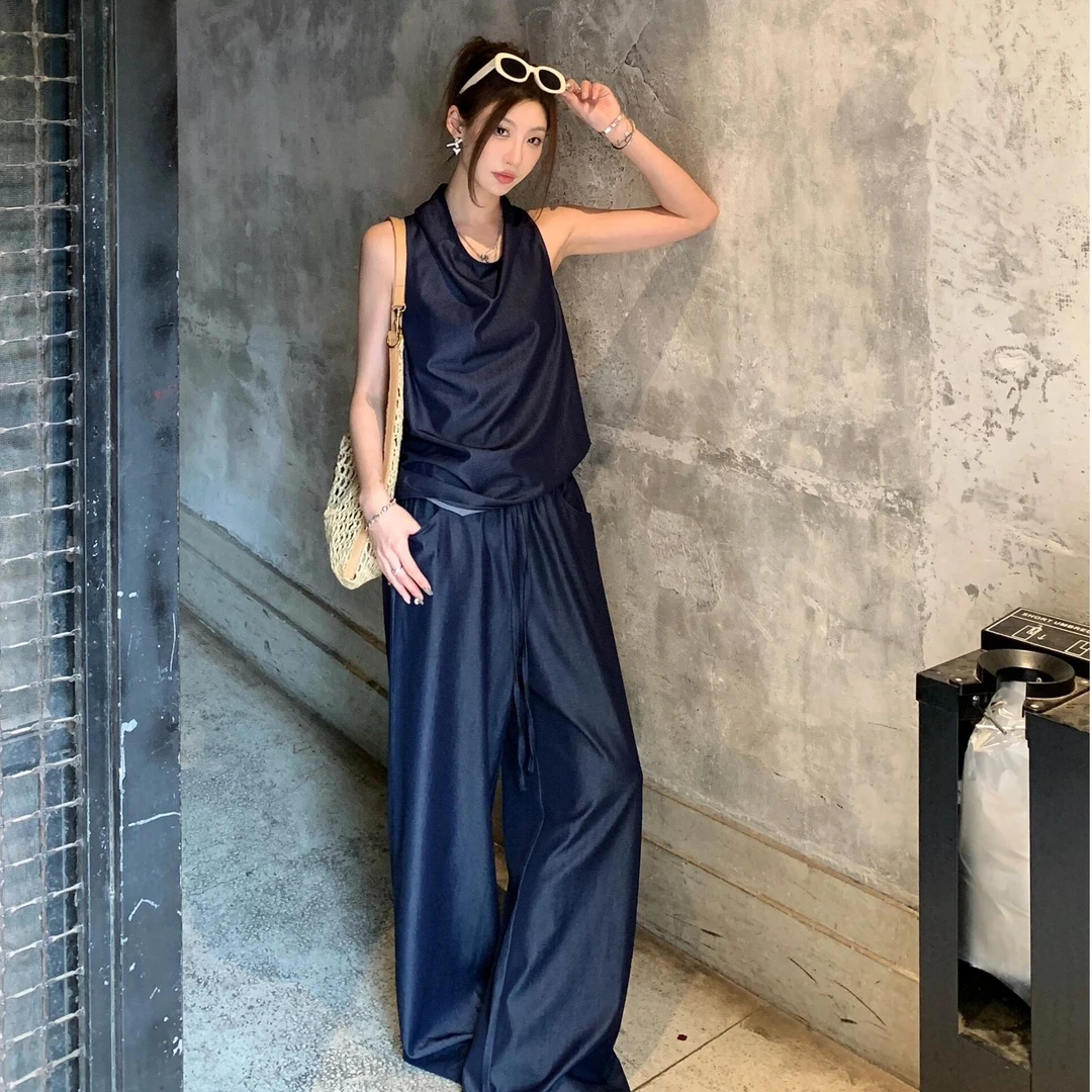 松弛感淡人穿搭女2025夏季新款牛仔荡领无袖上衣宽松休闲裤两件套