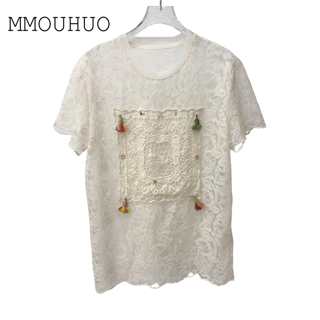 深圳MMOUHUO新款圆领流苏钩花蕾丝衫T恤
