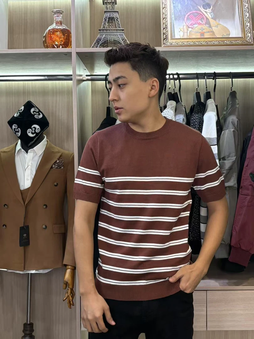 夏季新款百搭针织条纹短袖透气男款休闲体恤衫