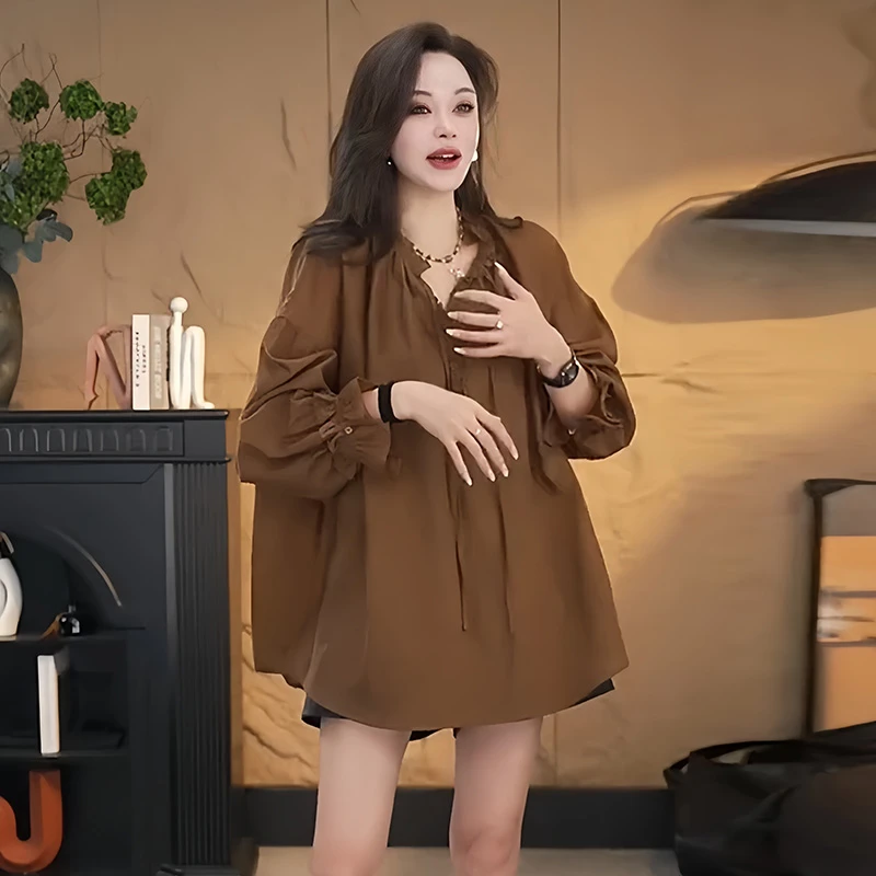 宽松款早秋显瘦衬衫2025新款个性百搭流行女装休闲风日常系带上衣