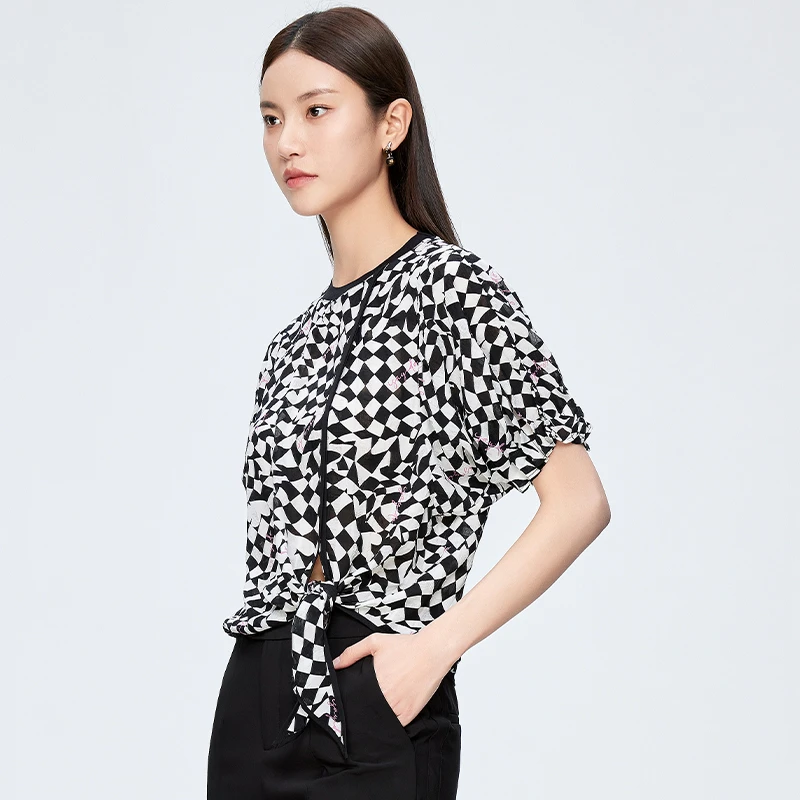 圆领短袖黑白撞色T恤女152S1057