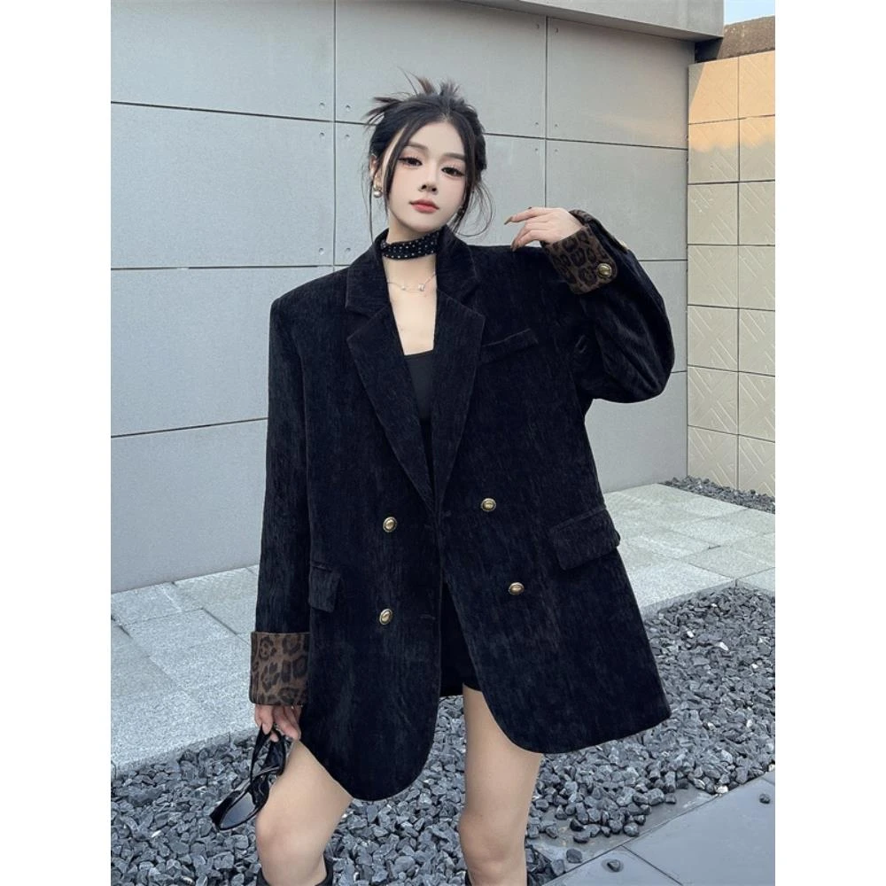 设计感雪尼尔黑色小西装外套女2025秋冬港风复古豹纹拼接西服上衣