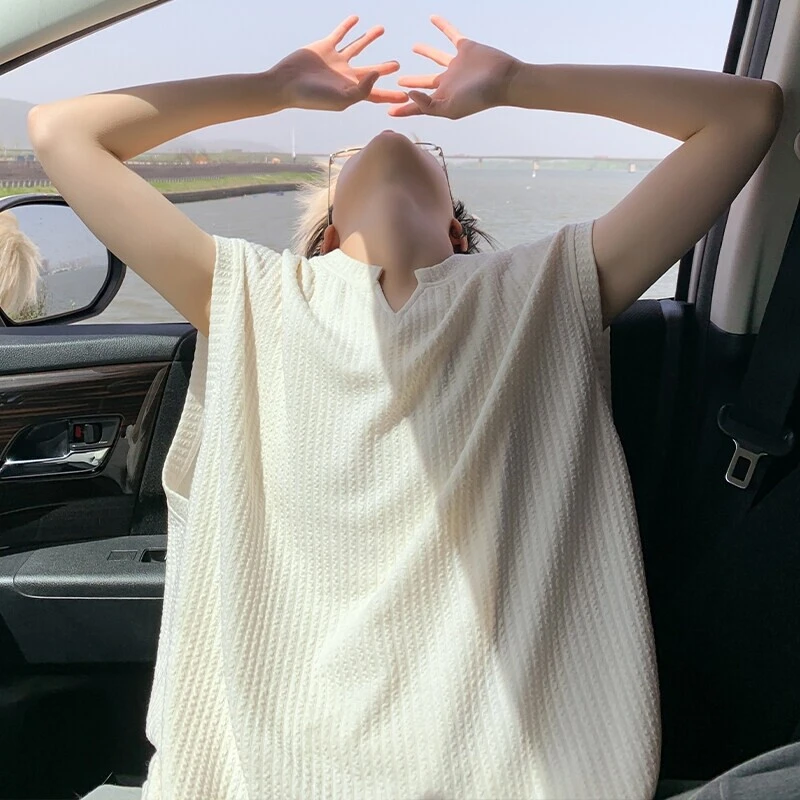 美式凉感V领褶皱背心男款夏季薄款小袖口无袖T恤小领口运动汗衫