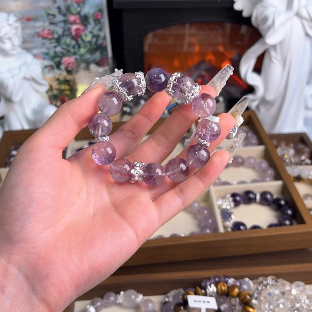 水晶手串18K金镶嵌紫兔毛