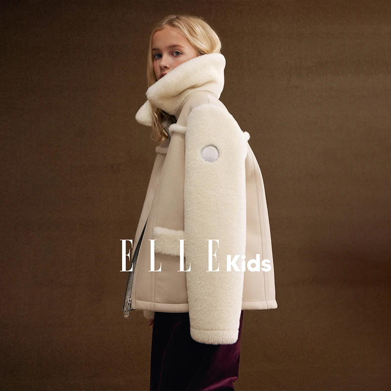 ELLE KIDS童装 毛毛翻领外套女童冬季新款撞色拼接加厚上衣D6