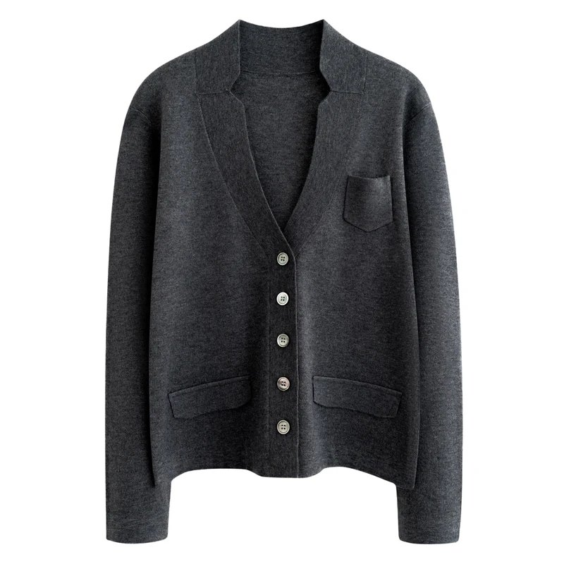 新款精纺羊毛开衫气质通勤西装领针织开衫时尚百搭宽松长袖开衫女