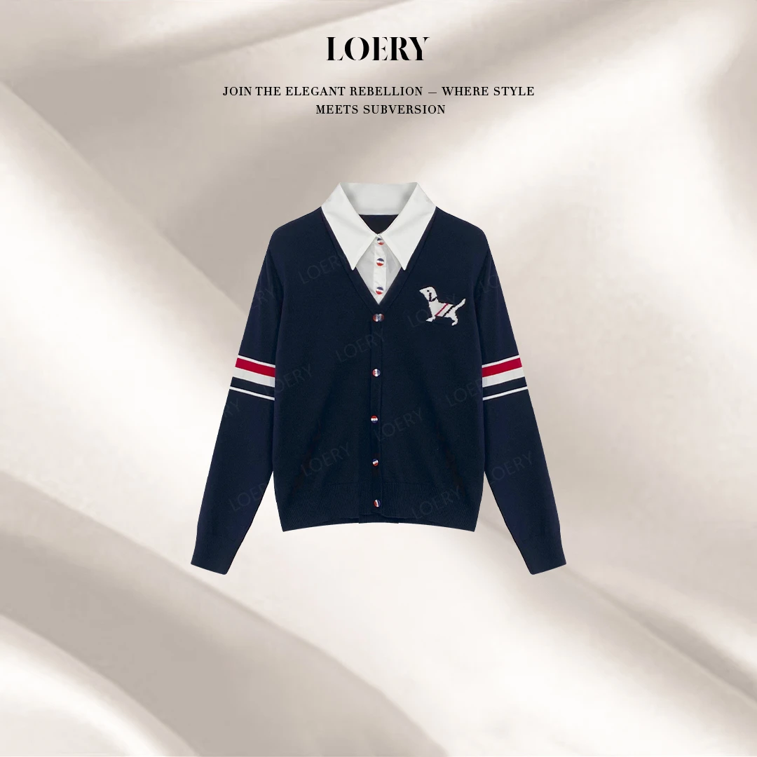 LOERY【时尚小狗编号35】精致小狗刺绣衬衫拼接皇家蓝韵上衣-9353
