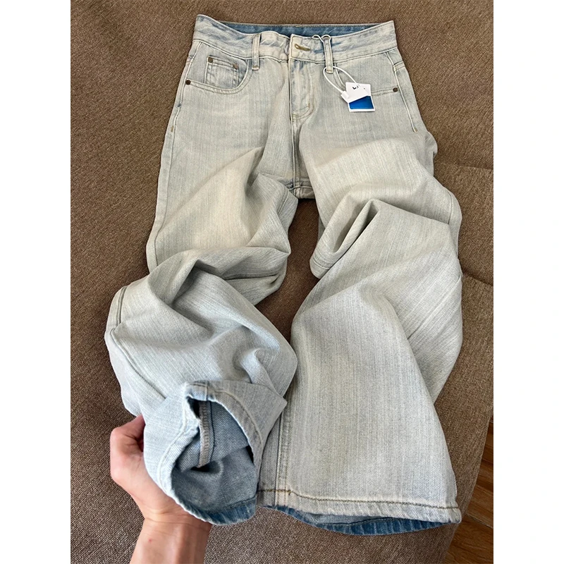 怀旧蓝高腰阔腿牛仔裤女2025夏季肌理感条纹宽松显瘦直筒拖地裤子