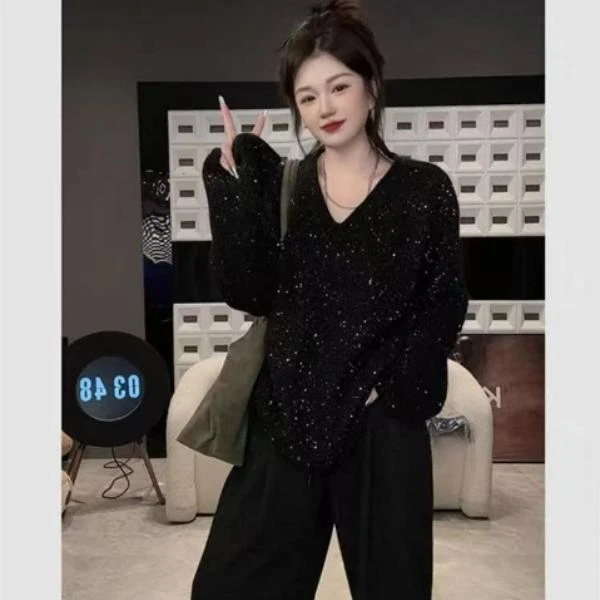 9252#V领珠片纱毛针织衫针织长袖中长款休闲风常规厚款