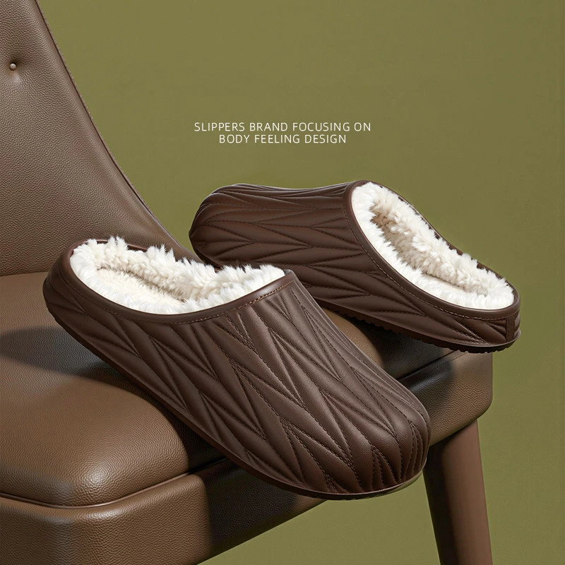 【厂家直销】美拉德褶皱情侣棉拖鞋男秋冬室内保暖防水加绒包头棉拖