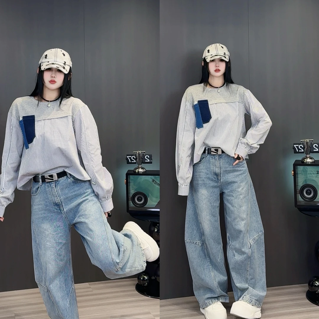 拼接条纹长袖衬衫女款2025早春新款圆领套头衬衣设计感上衣欧洲站