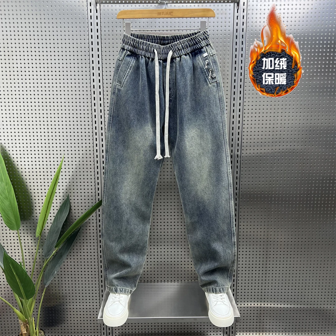 冬季新款复古怀旧加绒牛仔裤男潮流宽松直筒裤青年百搭休闲长裤子