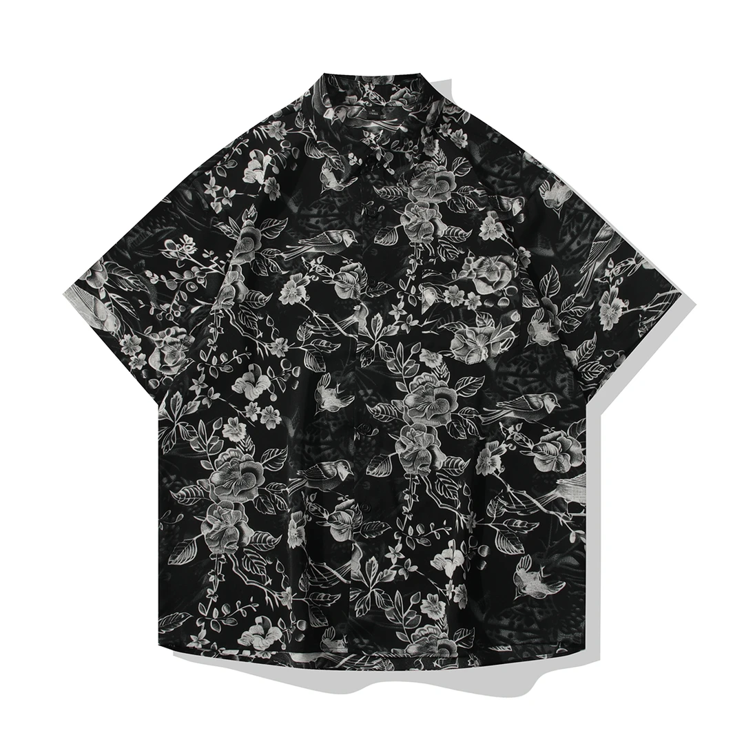 黑暗系痞帅国风冰丝凉感衬衫男士宽松港风透气高级感短袖印花衬衫