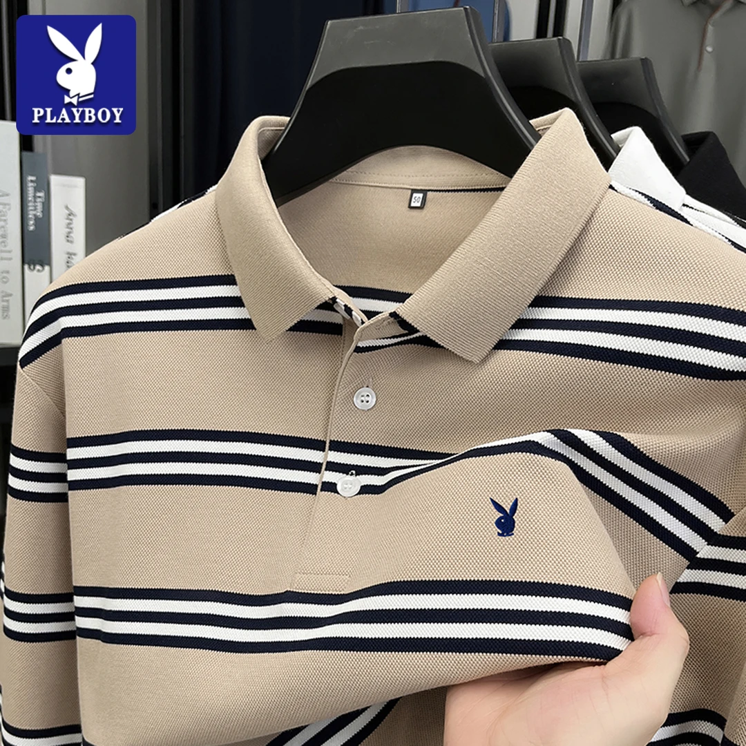 花花公子莱赛尔秋季长袖Polo衫男士高档刺绣条纹时尚休闲男装T恤