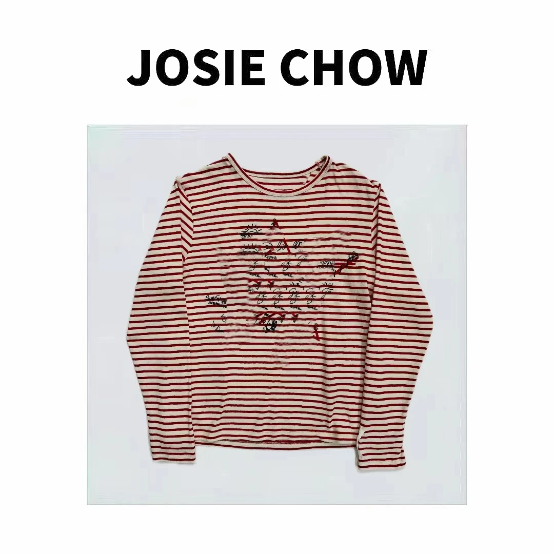 JOSIE CHOW【红色星星】重工刺绣圆领红白条纹衫。Go651183