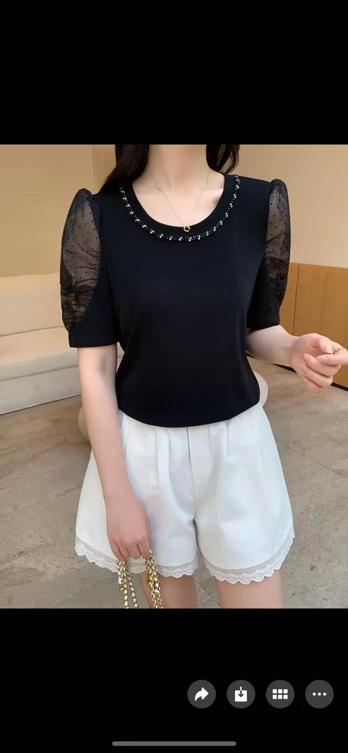 【睿娜维拉】2025法式轻奢设计款拼纱钉珠圆领上衣